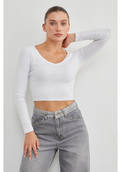 V Yaka Uzun Kol Crop Bluz modelleri