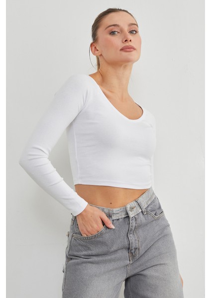 V Yaka Uzun Kol Crop Bluz indirimleri