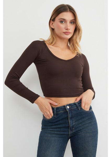 V Yaka Uzun Kol Crop Bluz modelleri