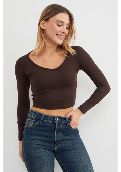 V Yaka Uzun Kol Crop Bluz fırsatları