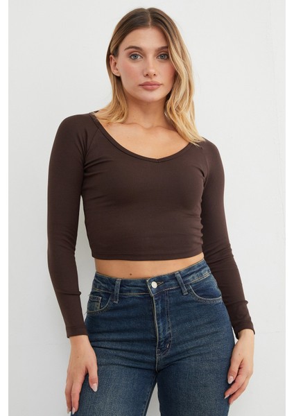 V Yaka Uzun Kol Crop Bluz indirimleri