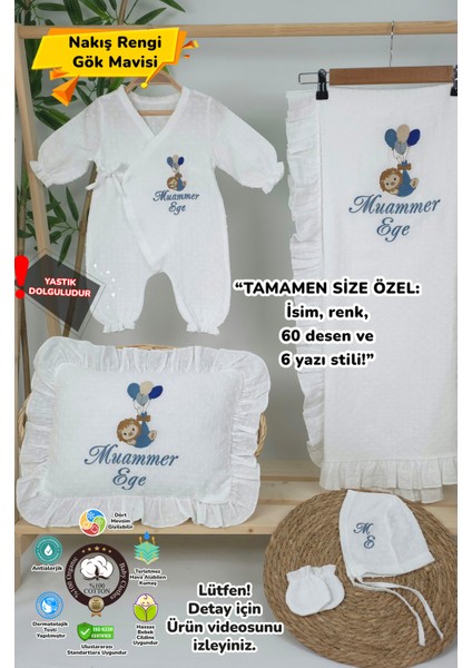 Müslin Yeni Doğan 4katlı Organik %100PAMUK Kişiye Özgü Nakışlı Hastane Çıkış Seti (Balonlu Aslan)