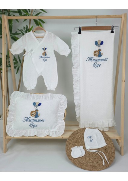 Müslin Yeni Doğan 4katlı Organik %100PAMUK Kişiye Özgü Nakışlı Hastane Çıkış Seti (Balonlu Aslan) fiyatları