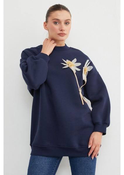 3 Iplik Çiçek Aksesuarlı Oversize Tunik