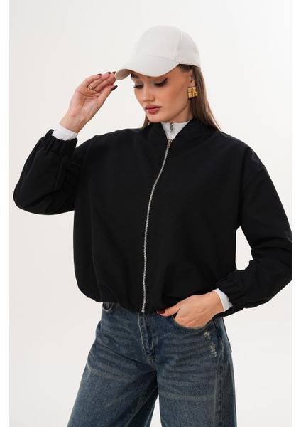 Hakim Yaka Fermuarlı Beli Lastikli Siyah Mont SRP1190