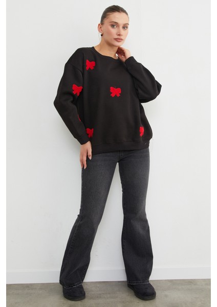 3 Iplik Fiyonk Nakışlı Oversize Sweatshirt indirimleri