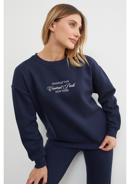 3 Iplik Manhattan Baskılı Bisiklet Yaka Sweatshirt