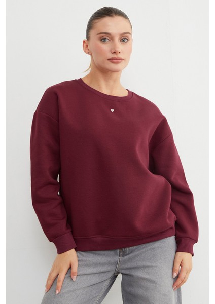 3 Iplik Taşlı Kalp Detaylı Oversize Sweatshirt