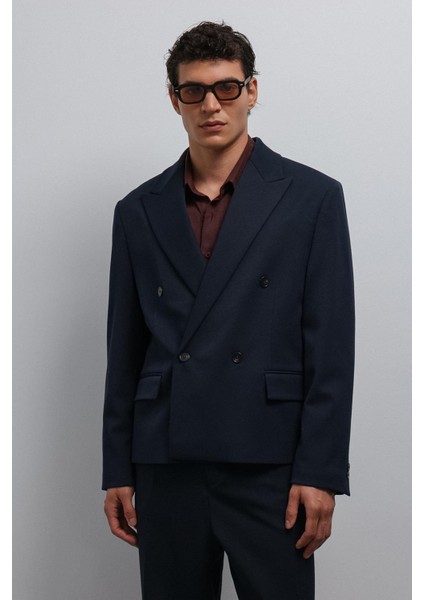 Lacivert Kruvaze Relax Crop Fit Blazer Ceket