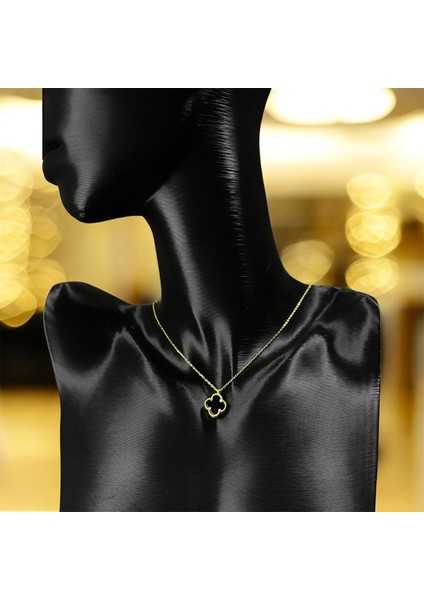 925 Ayar Gümüş Altın Kaplama Siyah Taşlı Şans Yoncası Van Cleef Minimal Kolye Kadın fiyatları