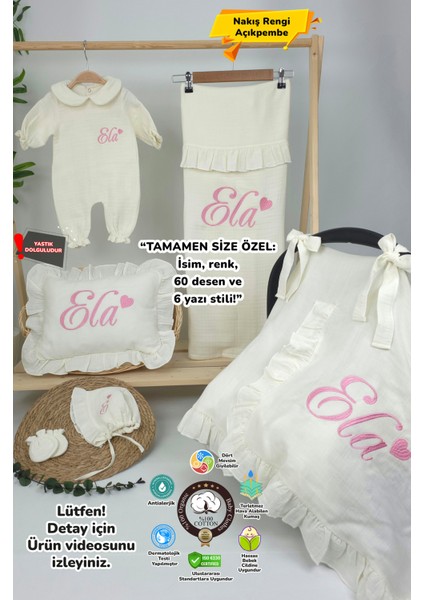 Müslin Yeni Doğan 4katlı Organik %100PAMUK Kişiye Özgü Nakışlı Hastane Çıkış Seti (Kalpli Model-4)