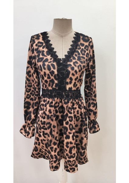 Kadın V Yaka Dantelli Leopar Desenli Modal Kumaş Mini Elbise indirimleri
