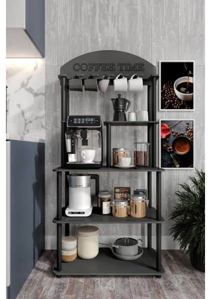 Dekoratif Masivo Kahve Köşesi Coffee Time 33 cm x 68 cm Dikdörtgen Çok Amaçlı Raf Siyah