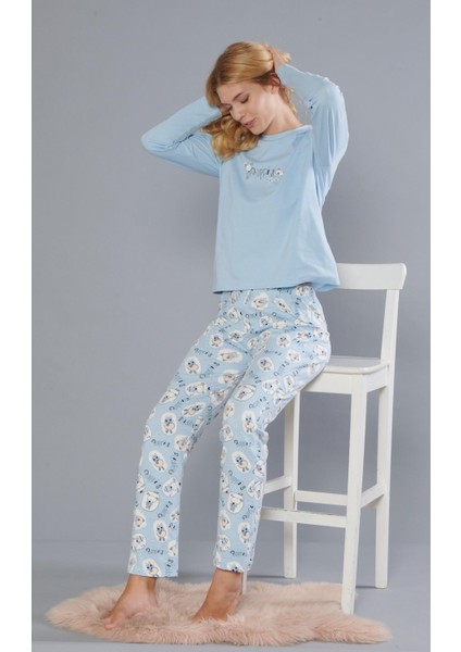 Kadın Pamuk Sevimli Desen Uzun Kollu Kışlık Pijama Takımı 09-275