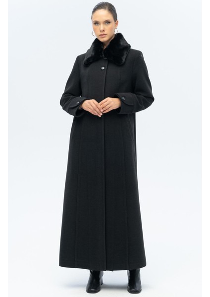 Yakası Çıkabilir Kürklü Punto Detaylı Büyük Beden Manto Antrasit 3143