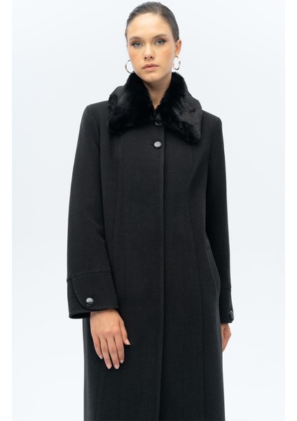 Yakası Çıkabilir Kürklü Punto Detaylı Büyük Beden Manto Antrasit 3143 modelleri