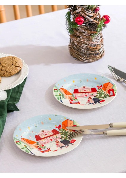 Yılbaşı Temalı Seramik Pasta Tabağı 2'li 19 cm (W5)