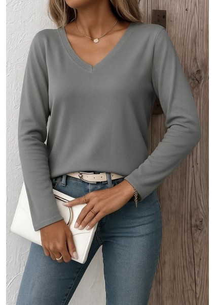 Kadın Uzun Kollu V Yaka Triko Bluz