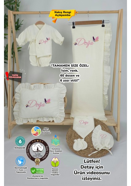 Müslin Yeni Doğan 4katlı Organik %100PAMUK Kişiye Özgü Nakışlı Hastane Çıkış Seti (Kelebek Model-1)