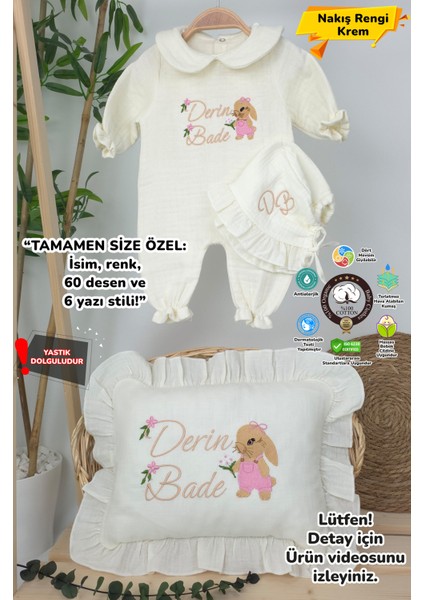 Müslin Yeni Doğan 4katlı Organik %100PAMUK Kişiye Özgü Nakışlı Hastane Çıkış Seti(Tavşan Model-3)