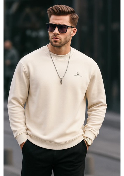 Erkek Bisiklet Yaka Nakışlı Bol Krem Sweatshirt fırsatları