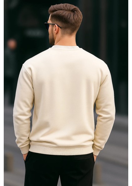 Erkek Bisiklet Yaka Nakışlı Bol Krem Sweatshirt