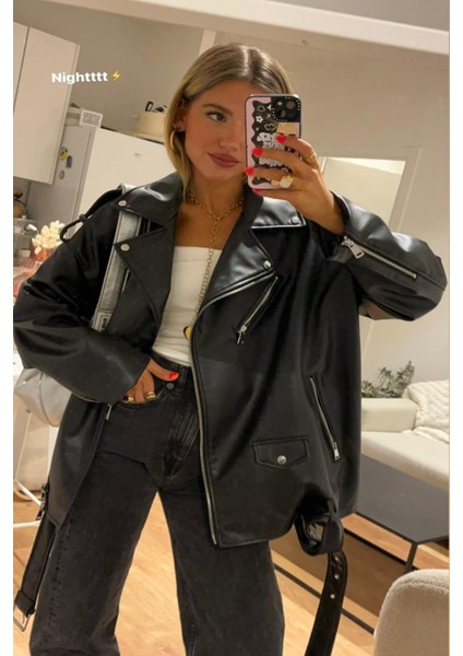 Oversize Uzun Kadın Deri Ceket
