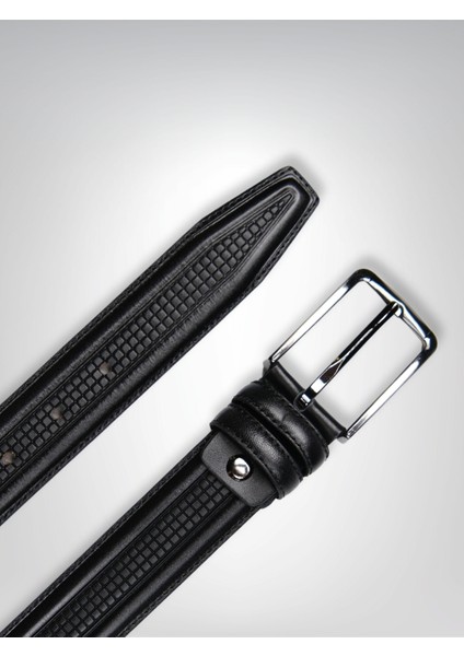 Hakiki Deri Kare Desen Işlemeli Klasik Tokalı Erkek Kemer , 3,5 Cm, Siyah | 9049
