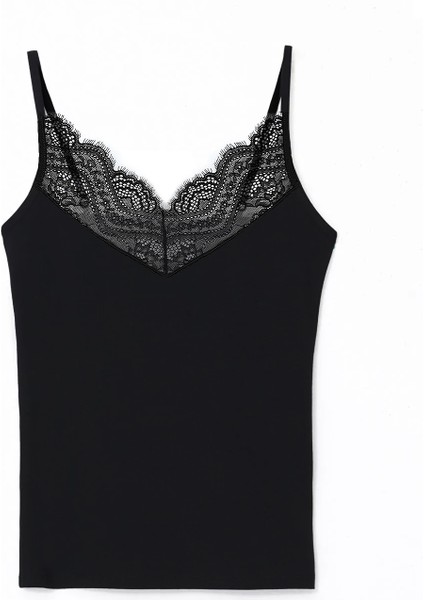 Elegant Dantel Detaylı Siyah Kadın Askılı Pamuklu Bluz