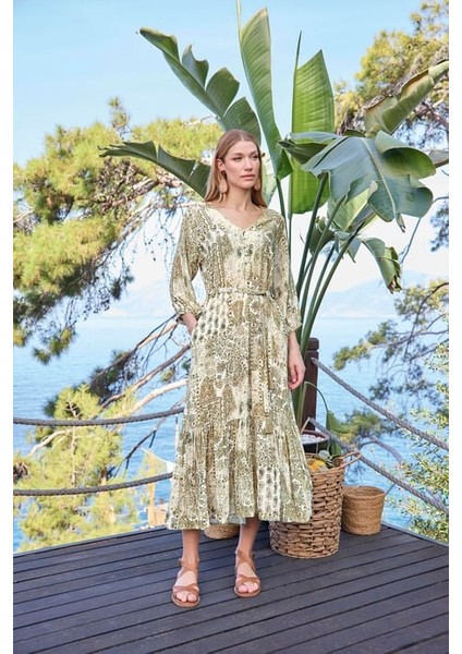Monamise Etnik Desenli Önü Düğmeli V Yaka Elbise fiyatları