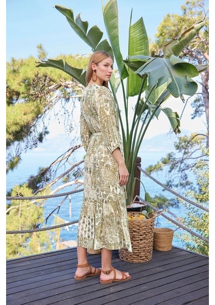 Monamise Etnik Desenli Önü Düğmeli V Yaka Elbise modelleri