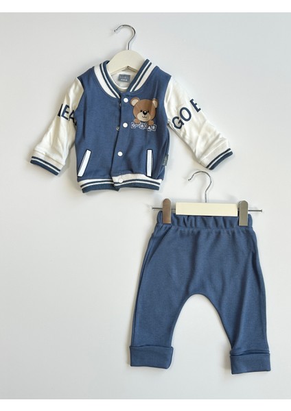 Ayıcık Desenli 3'lü Erkek Bebek Kolej Takım Seti - Mavi