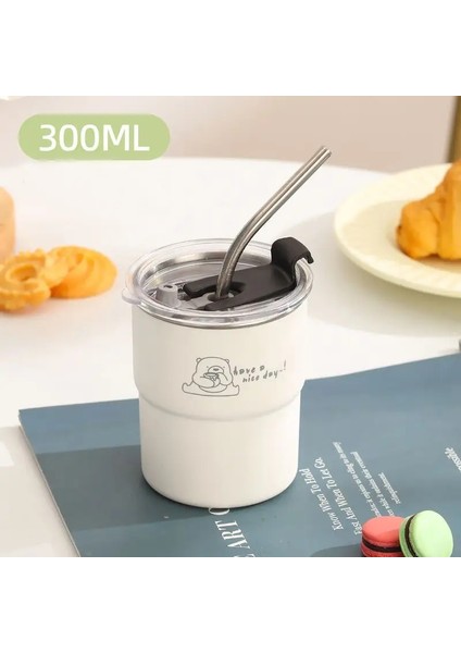 300ML Dak Pipetle Taşınabilir Paslanmaz Çelik Tumbler Kahve Fincanı, Kapağa Isıya Dalı Saman Dağı Içme Suluboya Içme: Beyaz (Yurt Dışından)