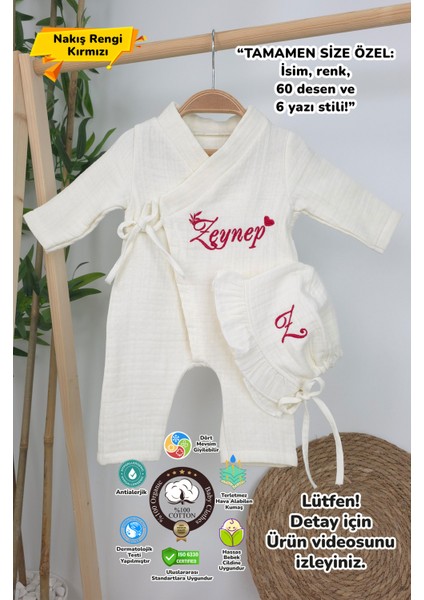 Müslin Yeni Doğan 4katlı Organik %100PAMUK Kişiye Özgü Nakışlı Hastane Çıkış Seti(Kalpli Model-7)