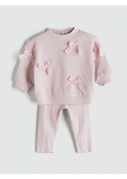 Lc Waıkıkı Pembe Fiyonklu Kız Bebek Sweatshirt ve Tayt 2'li