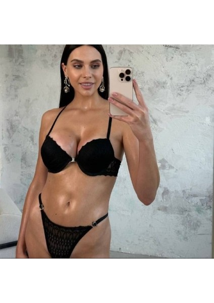 Kelebek Dolgulu Siyah B Cup Sütyen Takım