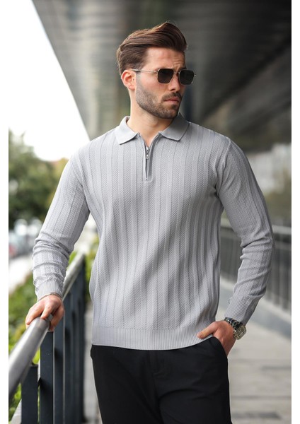 Gri Yarım Fermuarlı Polo Yaka Triko Kazak E7426