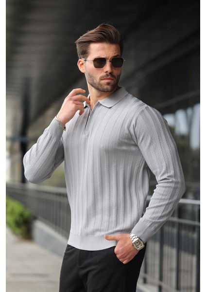 Gri Yarım Fermuarlı Polo Yaka Triko Kazak E7426 fiyatları