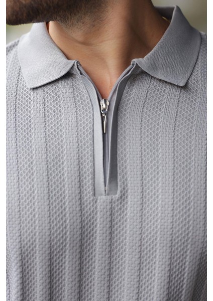 Gri Yarım Fermuarlı Polo Yaka Triko Kazak E7426 modelleri