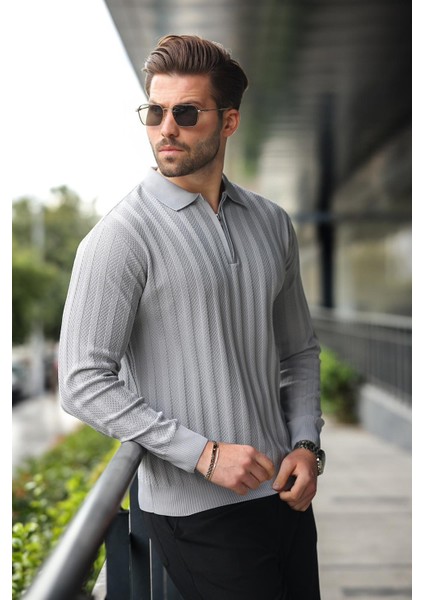 Gri Yarım Fermuarlı Polo Yaka Triko Kazak E7426 fırsatları