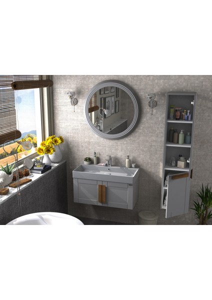 Pio 85CM Matt Anthracite (Gri) Ahşap Kulplu Banyo Dolabı (Ayna+Lavabo+Alt Dolap)