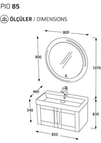 Pio 85CM Matt Anthracite (Gri) Ahşap Kulplu Banyo Dolabı (Ayna+Lavabo+Alt Dolap) modelleri