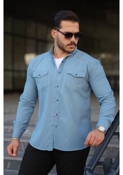 Erkek Slim Fit Cepli Basic Uzun Kol Amavi Kot Gömlek