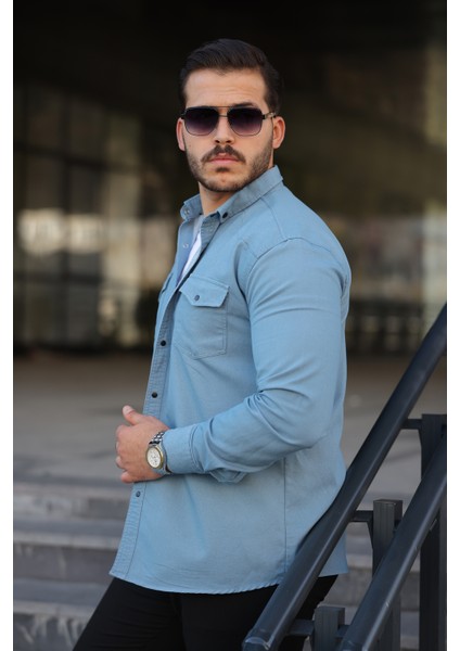 Erkek Slim Fit Cepli Basic Uzun Kol Amavi Kot Gömlek fiyatları