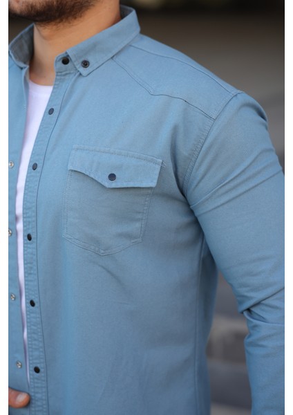 Erkek Slim Fit Cepli Basic Uzun Kol Amavi Kot Gömlek modelleri