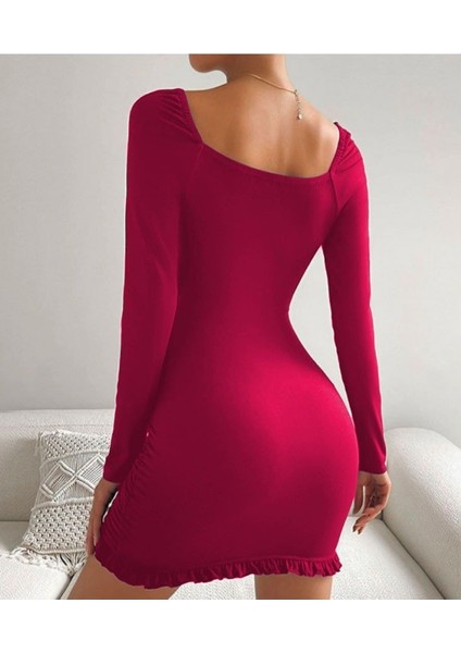 Kadın Uzun Kollu Derin V Yaka Göğüs Altı Dekolte Detay Etek Ucu Fırfırlı Sandy Mini Boy Elbise fiyatları