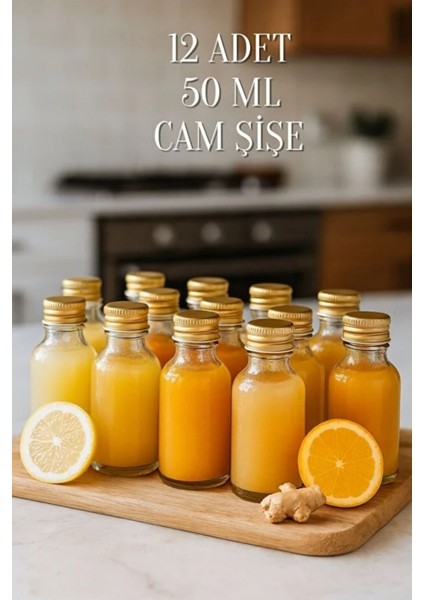 12 Adet Şeffaf Cam Shot Şişesi Sızdırmaz Gold Metal Kapaklı Hediyelik Koku Süs Çok Amaçlı Şişe 50ML