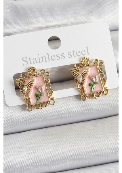 Pirinç Pembe Mineli Sanatsal Portre Model Gold Renk Kadın Küpe