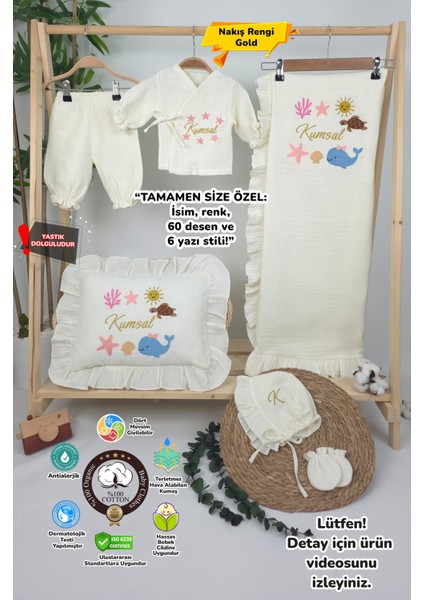 Müslin Yeni Doğan 4katlı Organik %100PAMUK Kişiye Özgü Nakışlı Hastane Çıkış Seti(Okyanus Model-2)