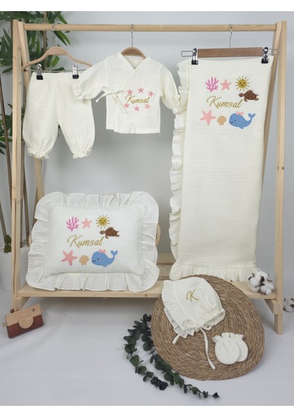 Müslin Yeni Doğan 4katlı Organik %100PAMUK Kişiye Özgü Nakışlı Hastane Çıkış Seti(Okyanus Model-2) fiyatları